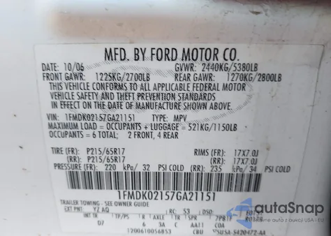 2007 Ford Freestyle Sel from USA, damaged, VIN 1FMDK02157GA21151